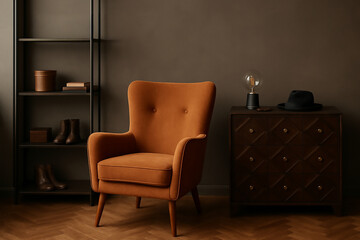 Cozy Mid Century Modern Reading Corner with Terracotta Armchair and Dark Wood Furniture