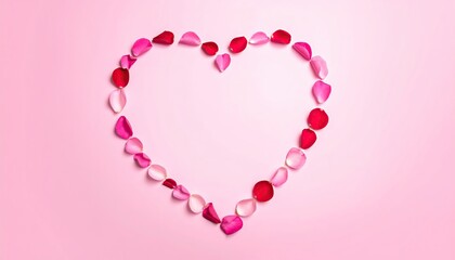 Heart shape made of delicate rose petals on a soft pink background.