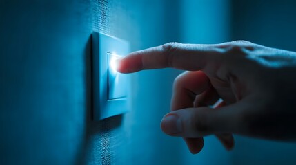 Close up of a finger pressing a light switch in a dark room.