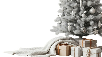 White Christmas tree with ornaments and gifts presents