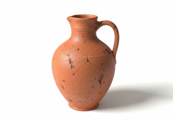 Ancient, damaged terracotta pitcher stands isolated against a bright white background