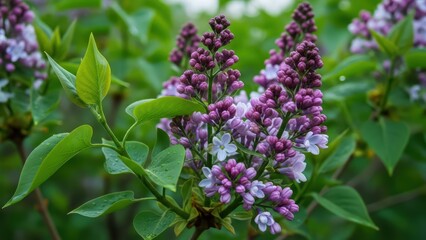 Fototapeta premium Lush lilac flowers blooming in spring garden with vibrant green leaves
