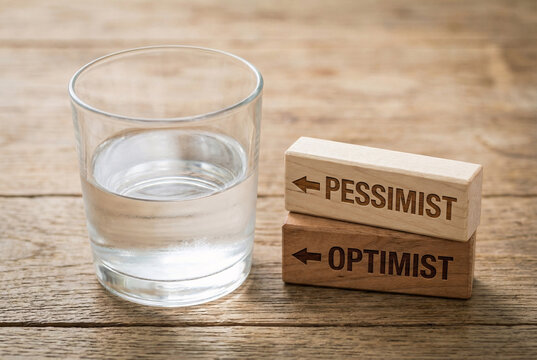Half full or half empty glass of water, pessimist versus optimist mindset, positive thinking psychology concept.