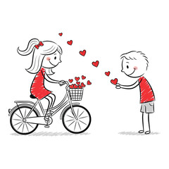 Romantic Illustration of Cute Couple with Bicycle and Hearts - Young Love with Floating Hearts, Perfect for Valentine s Day or Anniversary Cards