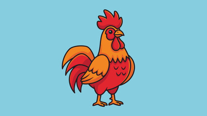 Proud cartoon rooster with bright red comb and wattle standing confidently in a bright blue studio background.