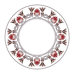 Round frame plate with arabesques and floral elements. Patterns of Greece, ancient Rome. Greek key meander. Circle european border. Antique border Greek. Typical egyptian, assyrian, greek motives