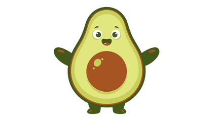Cute cartoon avocado fruit with a friendly happy face waving hand on an isolated white background.