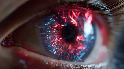 Close up of a futuristic cyborg eye with glowing red and blue circuits reflecting in the iris.