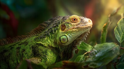 Naklejka premium Close up of a green iguana lizard in lush foliage with warm sunlight.