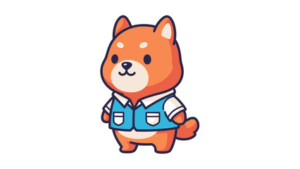 Cute cartoon Shiba Inu dog wearing a blue vest, standing happily, isolated white background.