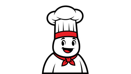 Happy and friendly chef character with a big smile wearing a traditional chef's hat and red bandana on an isolated white background.