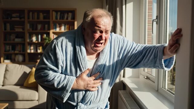 Caucasian man experiencing a heart attack in his living room, clutching his chest and leaning on a window as he struggles for breath