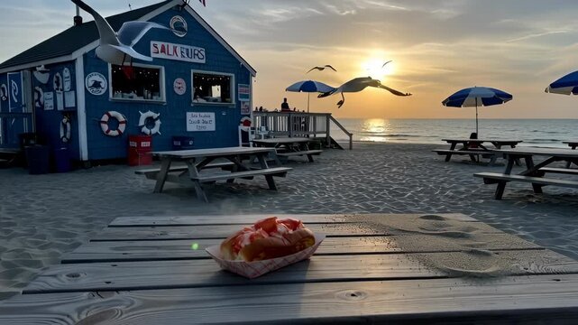 Funny sequence of a seagull stealing a lobster roll from a picnic table. Coastal beach scene with a food shack at sunset. Humorous animal behavior concept for storytelling