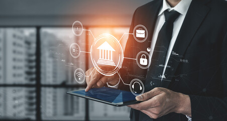 A concept of digital banking and online financial technology (FinTech) services. A central platform for secure transactions, support, and business finance. Motif