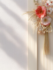 部屋の壁に飾られたお紅白の花のお正月飾り