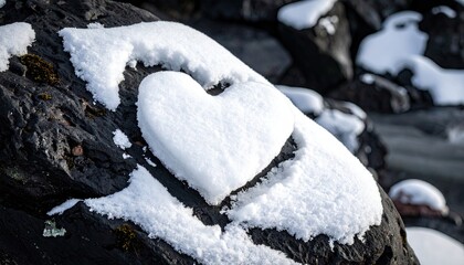 A heart shaped snow formation rests on a dark textured natural surface during winter.