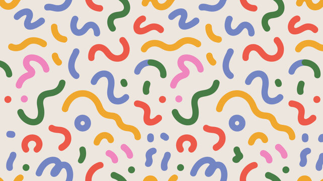 Colorful abstract seamless pattern with organic wavy lines and dots