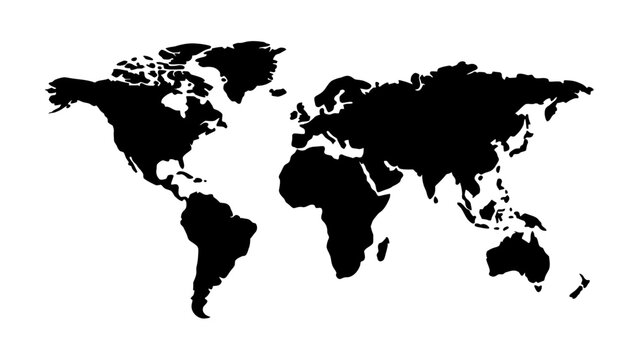 Minimalistic Black and White World Map Silhouette for Educational and Design Use