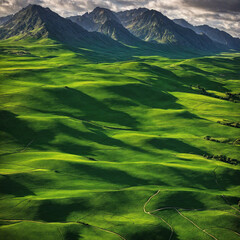 Aerial view of vast green rolling hills and mountain range , grassland
