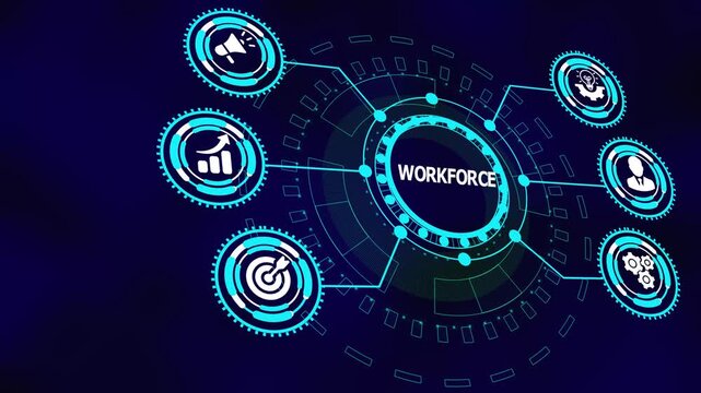 Business workforce concept with digital icons illustrating human capital management, analytics insight, productivity alignment, and performance systems.