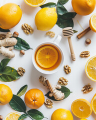 Winter Wellness Food Flatlay &acirc;&euro;&rdquo; Citrus, Nuts, Honey, Ginger, Tea