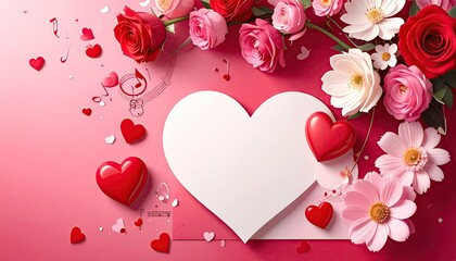 Elegant Romantic Valentines Day Background with Roses Hearts and Musical Notes.