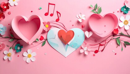 Whimsical papercraft composition of pink hearts, colorful flowers, and musical notes on pastel background.