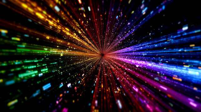 放射状に輝くデジタルなネオンカラー光線