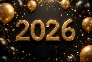 Happy New Year celebration 2026 helium balloons with a party background. New Year and Christmas 2026 golden foil party balloons. shiny confetti and glowing festive background. Concept of New Year cele