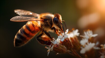Close-up Macro Shot of a Honey Bee Collecting Nectar from Delicate White Flowers.