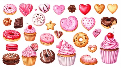 Watercolor Collection of Delicious Sweet Desserts and Baked Goods.