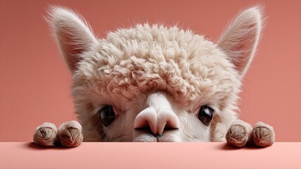 Obraz premium Curious Alpaca Peeking Over a Surface Against a Soft Pink Background