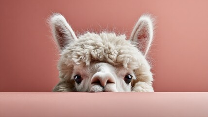 Obraz premium Cute alpaca peeking over a pink surface with fluffy fur texture