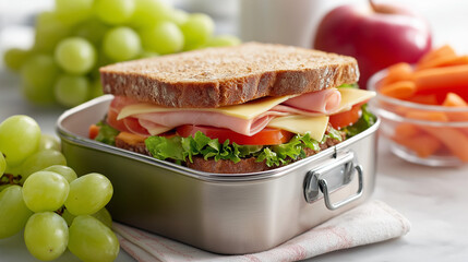 Healthy Lunch Box with Sandwich, Fresh Fruits and Vegetables on White Background