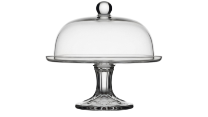 Elegant clear glass cake stand with dome isolated PNG, serving platter for desserts and pastries on transparent background