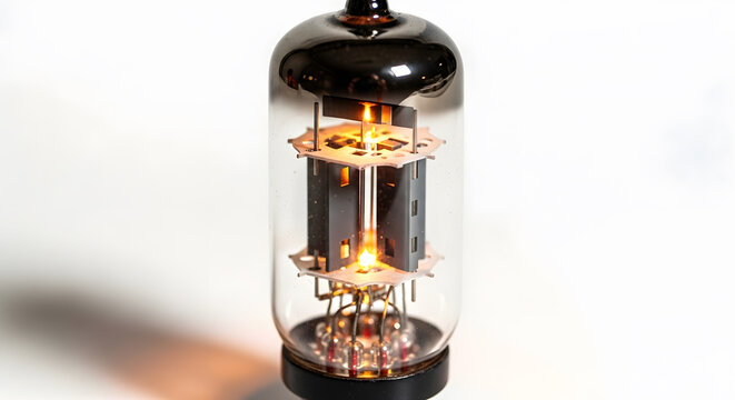Glowing vintage vacuum tube electronic component for high-end audio amplifier isolated on white background