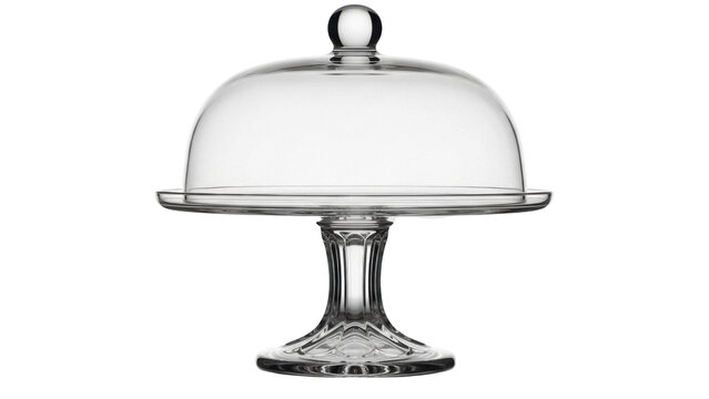Elegant clear glass cake stand with dome isolated PNG, serving platter for desserts and pastries on transparent background