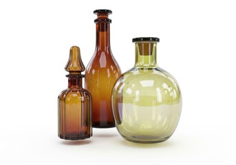 Assortment of antique style colored glass apothecary bottles displayed against a white background