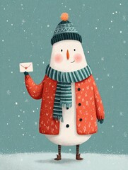 Cute snowman holding a love letter in falling snow