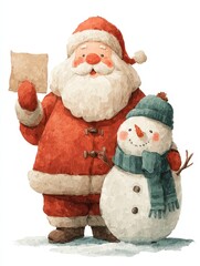 Watercolor Santa and snowman with a blank message
