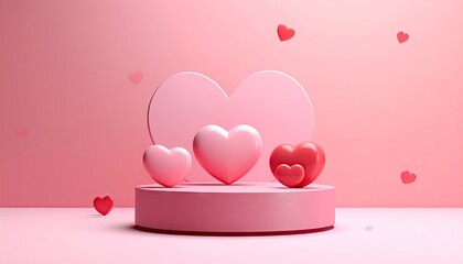 Minimalist 3D render of pink and red hearts on a podium against a soft pink background.