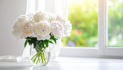 Beautiful bouquet of fresh white peonies in a clear glass vase on a windowsill bathed in soft sunlight.