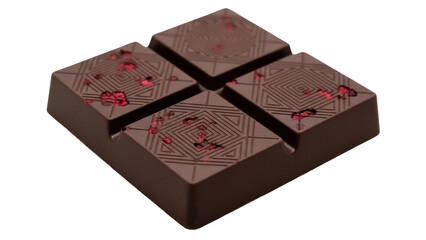 Artisan dark chocolate square isolated on transparent PNG, gourmet confectionery with geometric pattern and red fruit pieces for dessert