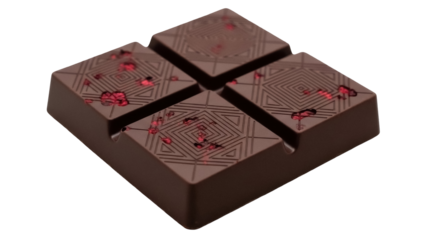 Artisan dark chocolate square isolated on transparent PNG, gourmet confectionery with geometric pattern and red fruit pieces for dessert