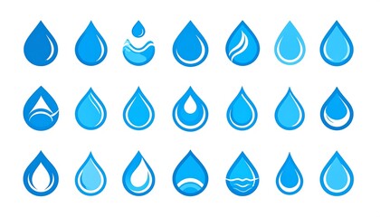 Assortment of droplet illustrations, varying in shape and detail, arranged on a white background. These droplets use shades of blue
