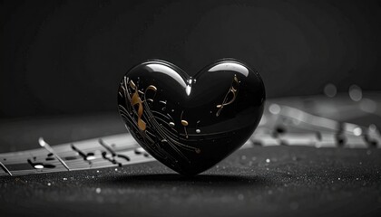 Elegant black heart sculpture adorned with golden musical notes and swirls on a dark textured surface.