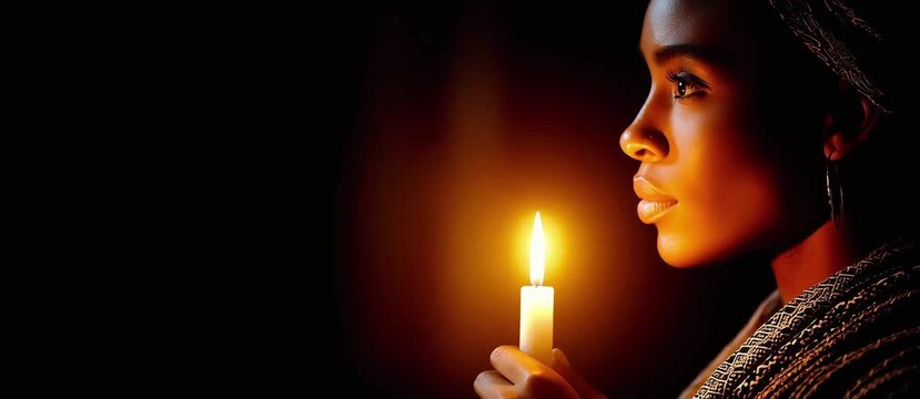 An African American woman holds a lit candle against a dark background with space for text. Dramatic scene. Memorial and remembrance. Black History Month, African American achievements.