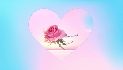 Delicate Pink Rose Framed in Heart Shape Against Soft Pastel Gradient Sky.