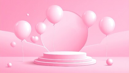 Minimalist 3D Render of a Pastel Pink Podium Surrounded by Floating Balloons and Spheres.