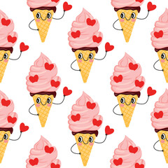 Love-themed seamless pattern with groovy ice cream decorated with hearts. Cute character with face and hands. Pink, red, brown and yellow color on white background. Vector print on fabric and paper.